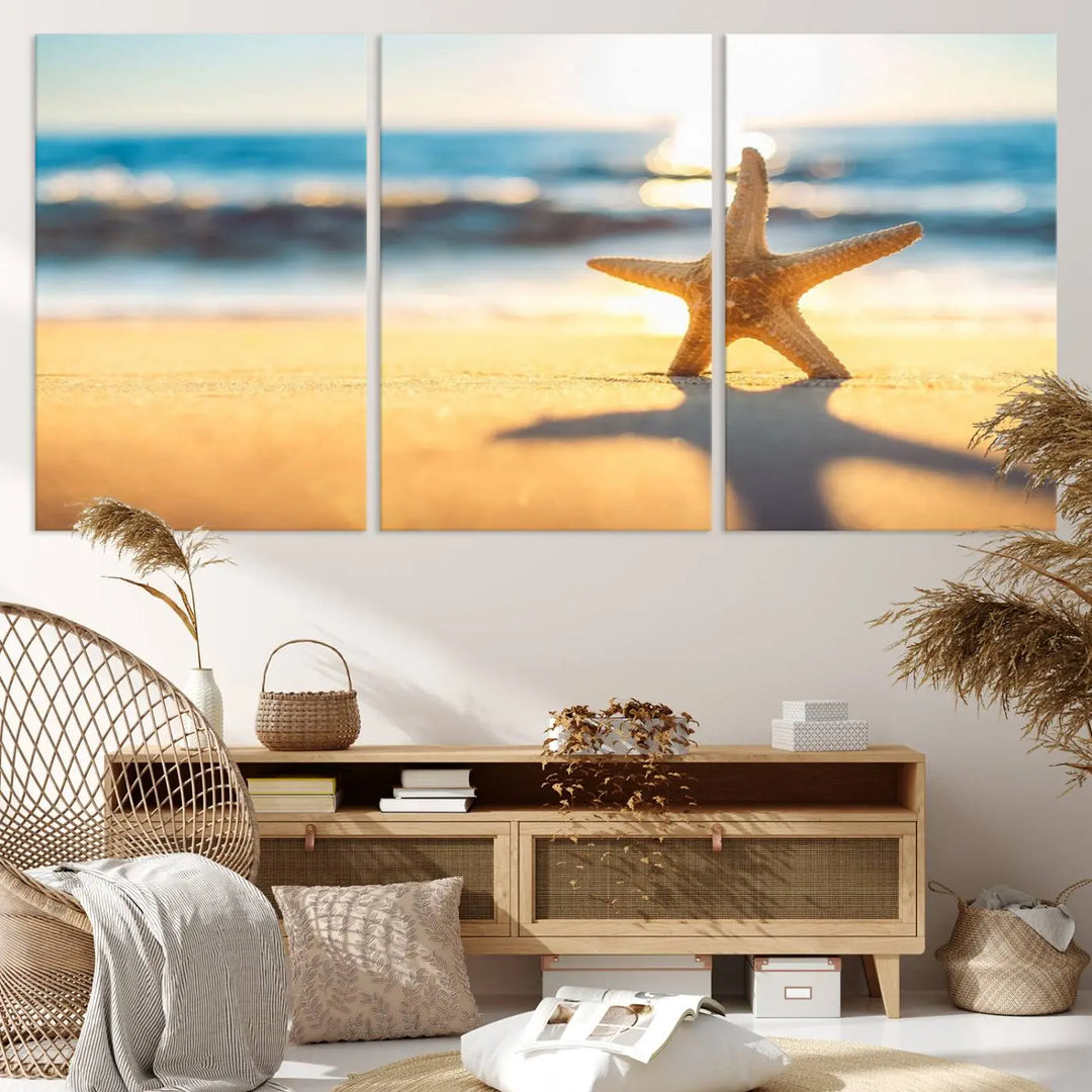 The Starfish on the Beach Wall Art Canvas Print brings a coastal ambiance to a stylish, modern space.