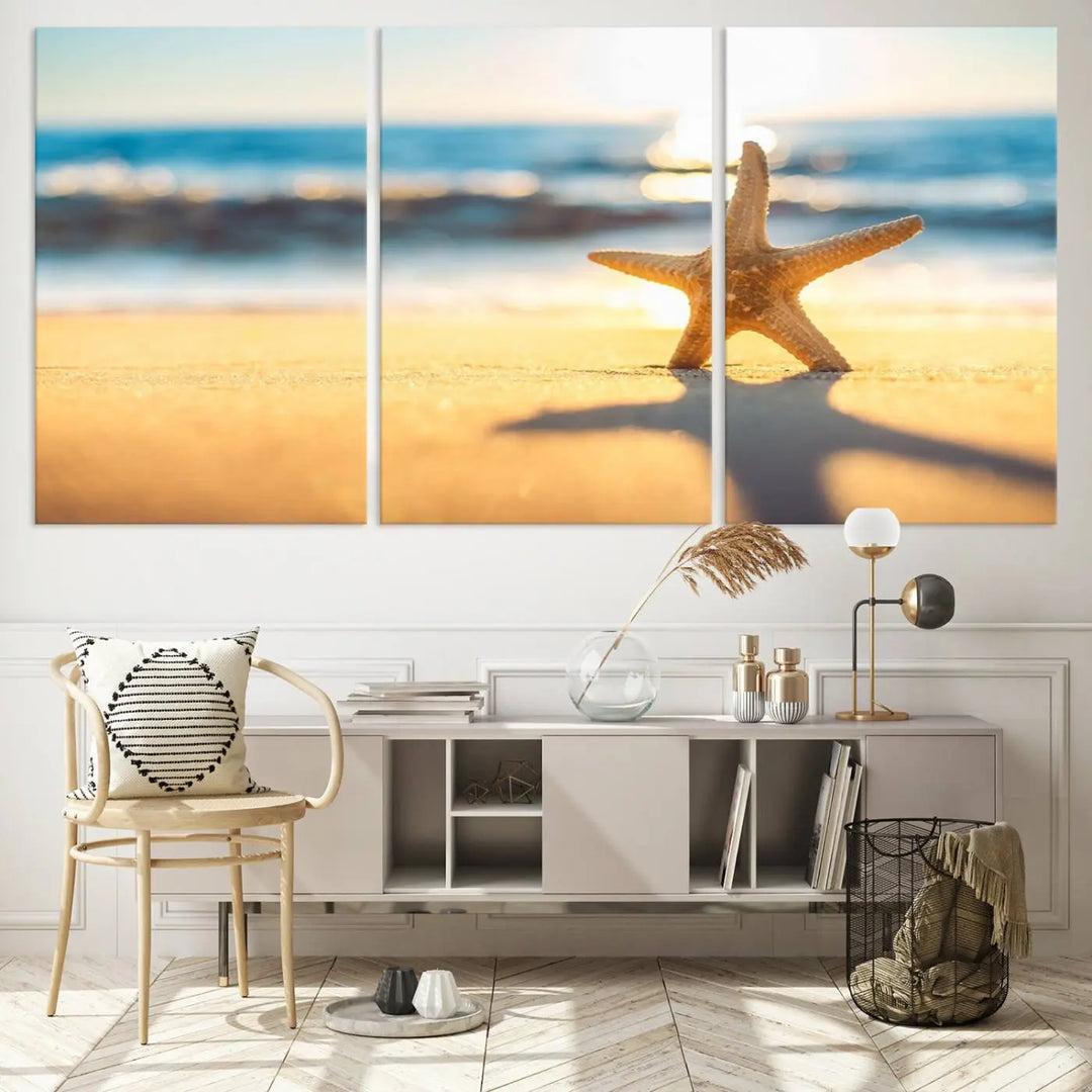 The Starfish on the Beach Wall Art Canvas Print brings a coastal ambiance to a stylish, modern space.