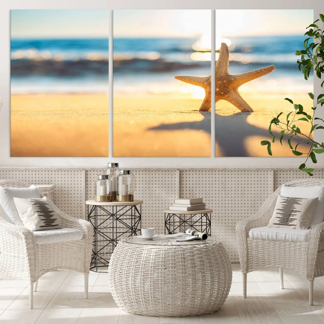 The Starfish on the Beach Wall Art Canvas Print brings a coastal ambiance to a stylish, modern space.