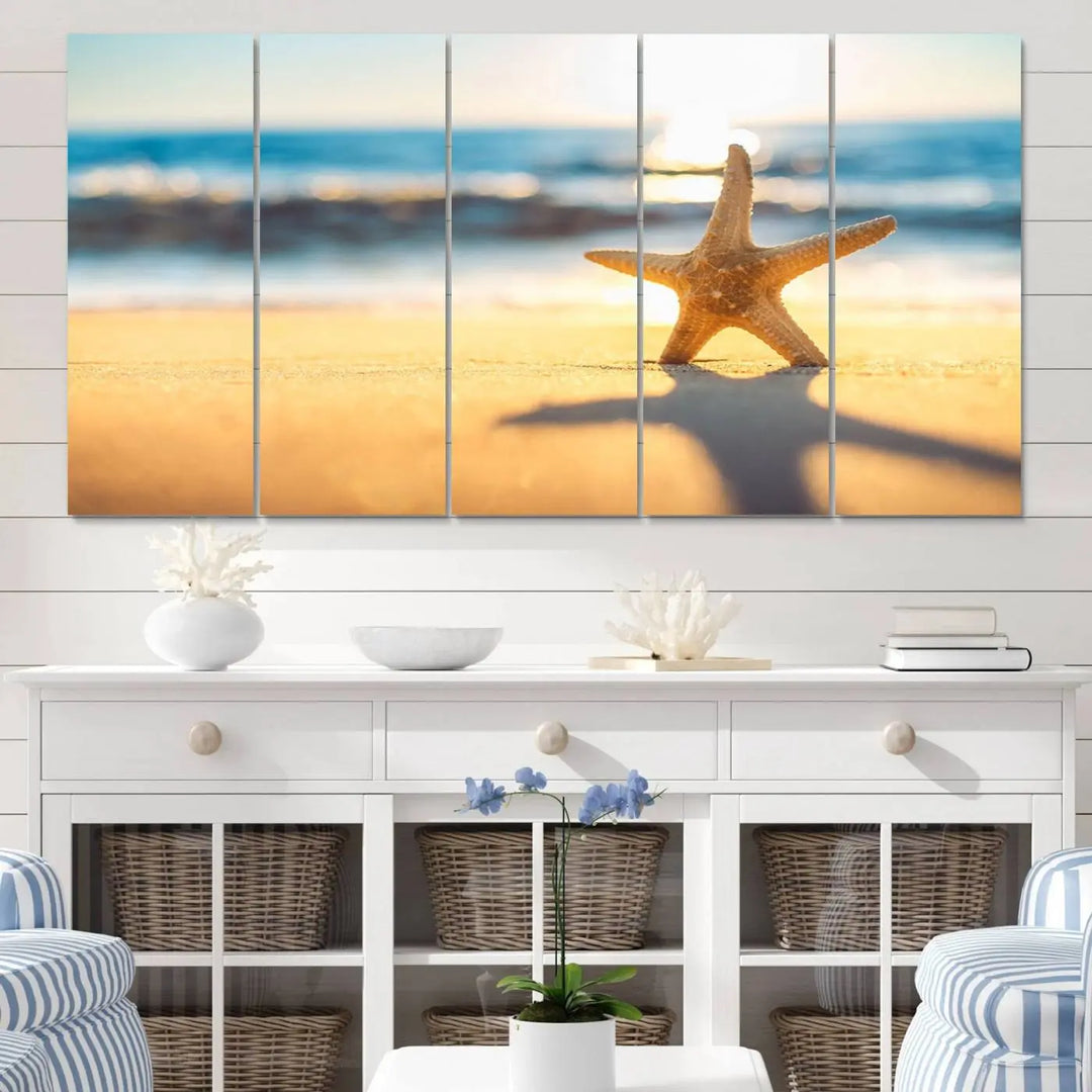 The Starfish on the Beach Wall Art Canvas Print brings a coastal ambiance to a stylish, modern space.