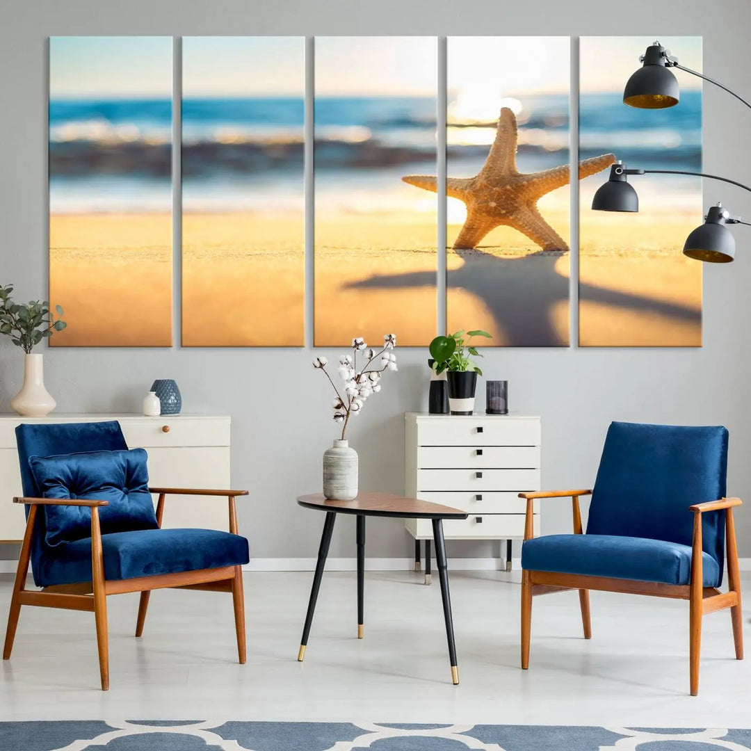 The Starfish on the Beach Wall Art Canvas Print brings a coastal ambiance to a stylish, modern space.