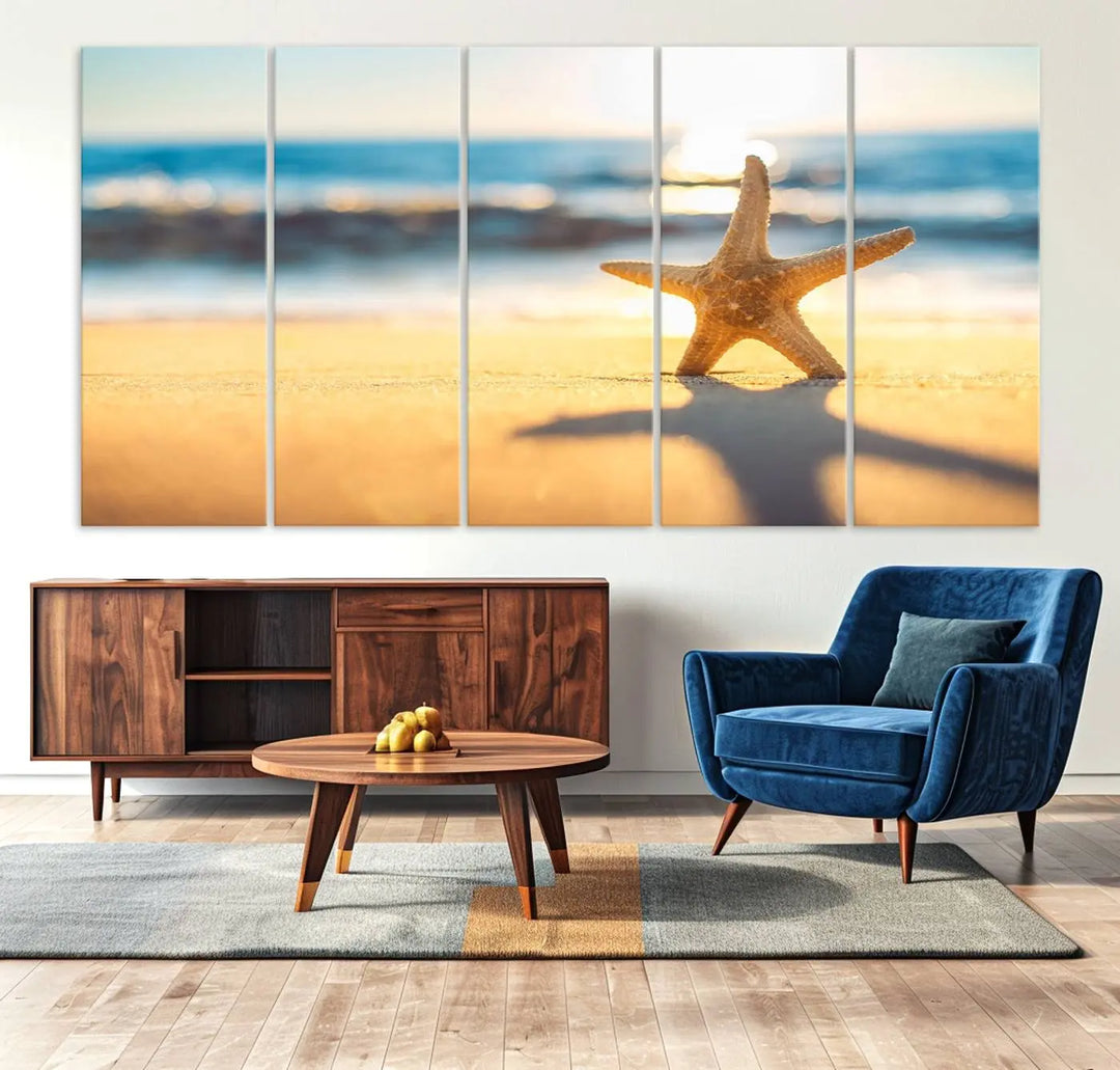 The Starfish on the Beach Wall Art Canvas Print brings a coastal ambiance to a stylish, modern space.