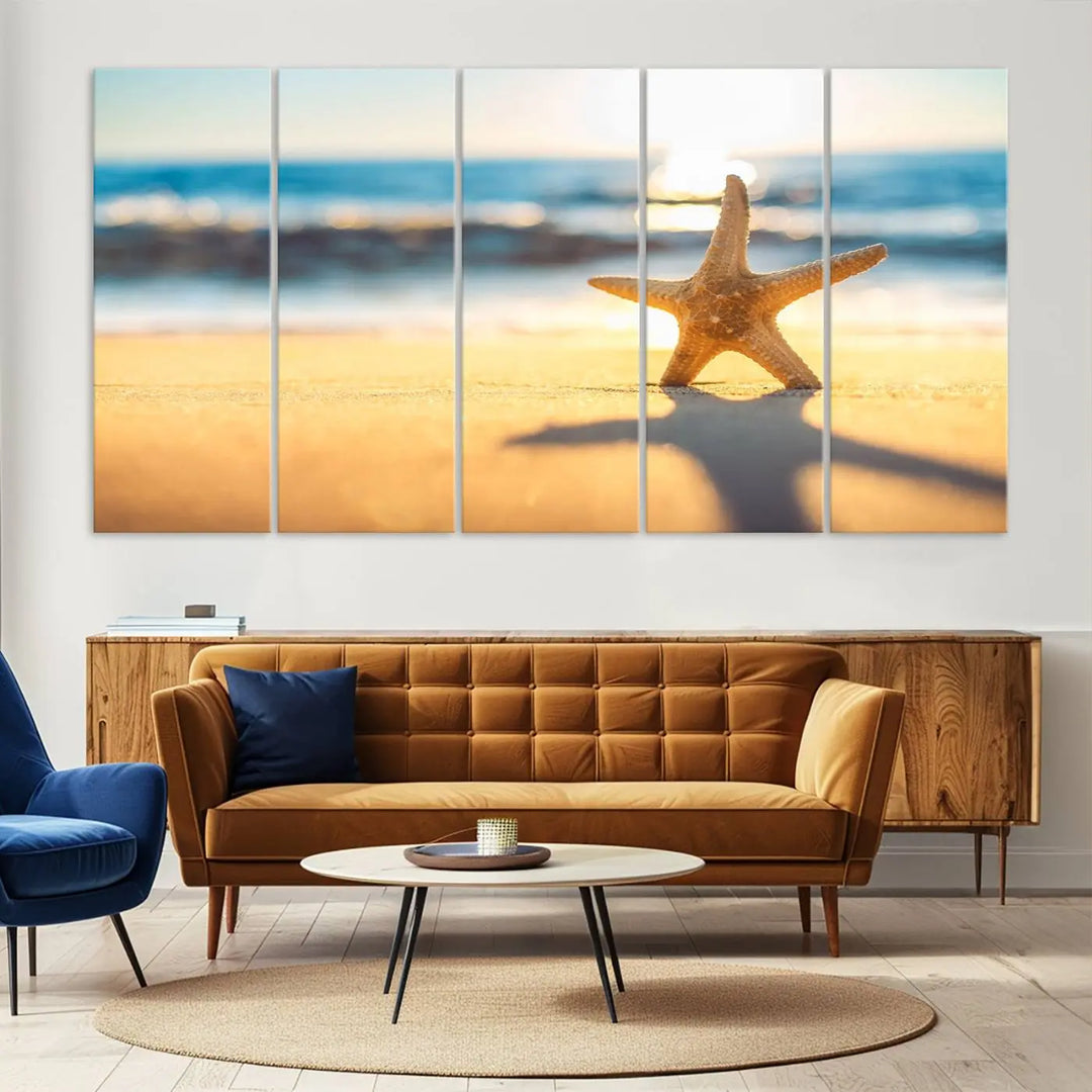 The Starfish on the Beach Wall Art Canvas Print brings a coastal ambiance to a stylish, modern space.