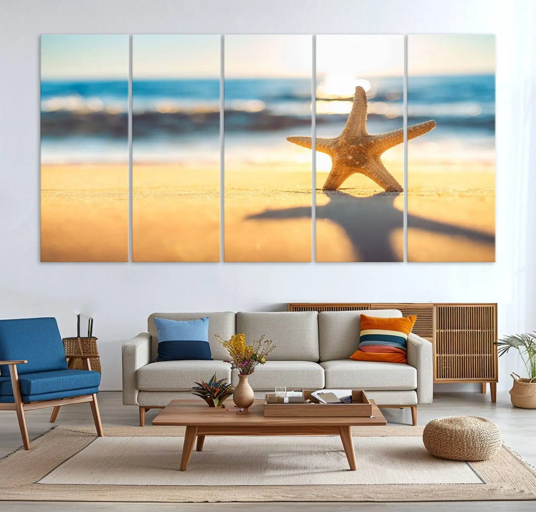 The Starfish on the Beach Wall Art Canvas Print brings a coastal ambiance to a stylish, modern space.