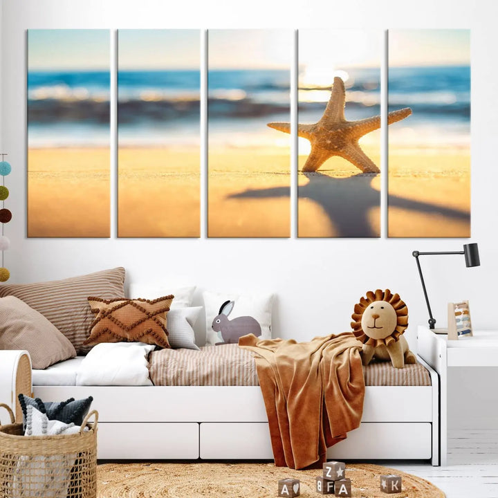 The Starfish on the Beach Wall Art Canvas Print brings a coastal ambiance to a stylish, modern space.