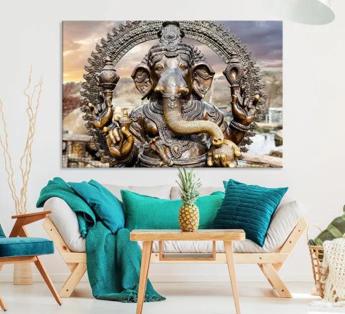 A Statue of Hindu Elephant God Ganesha Wall Art Canvas Print features a museum-quality canvas with a UV-protective coating and is ready to hang against a dark wall.