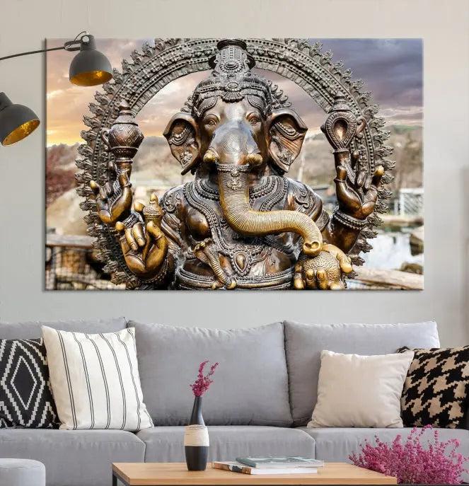 A Statue of Hindu Elephant God Ganesha Wall Art Canvas Print features a museum-quality canvas with a UV-protective coating and is ready to hang against a dark wall.