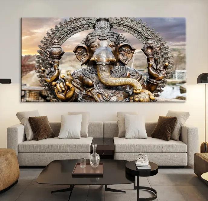 A Statue of Hindu Elephant God Ganesha Wall Art Canvas Print features a museum-quality canvas with a UV-protective coating and is ready to hang against a dark wall.