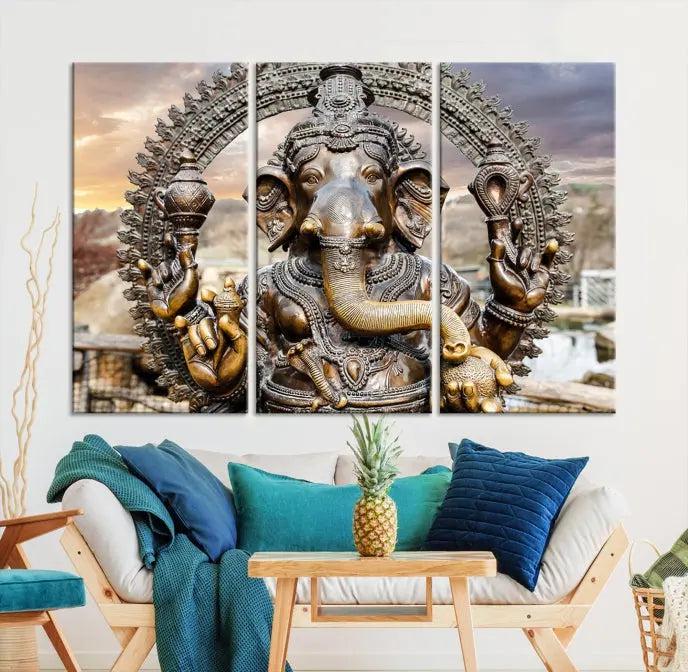 A Statue of Hindu Elephant God Ganesha Wall Art Canvas Print features a museum-quality canvas with a UV-protective coating and is ready to hang against a dark wall.