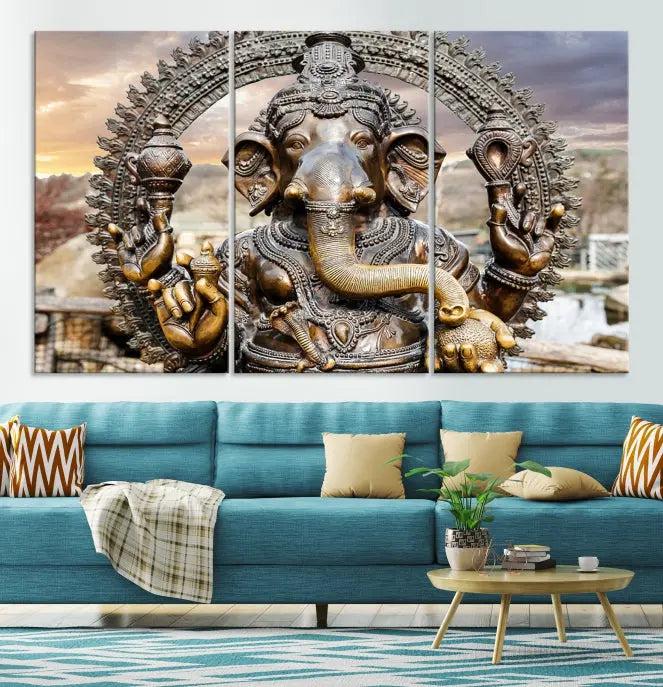 A Statue of Hindu Elephant God Ganesha Wall Art Canvas Print features a museum-quality canvas with a UV-protective coating and is ready to hang against a dark wall.