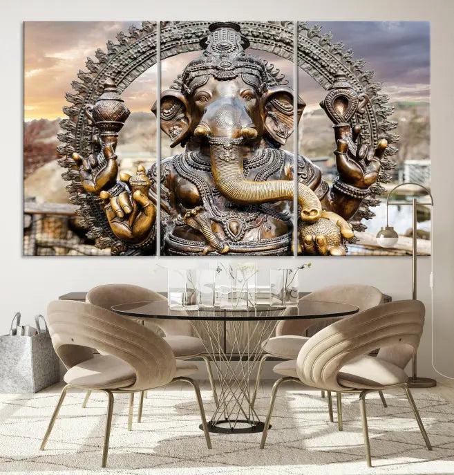 A Statue of Hindu Elephant God Ganesha Wall Art Canvas Print features a museum-quality canvas with a UV-protective coating and is ready to hang against a dark wall.