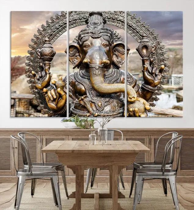 A Statue of Hindu Elephant God Ganesha Wall Art Canvas Print features a museum-quality canvas with a UV-protective coating and is ready to hang against a dark wall.