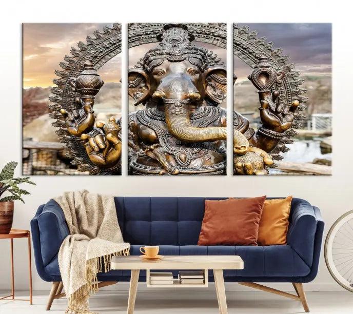 A Statue of Hindu Elephant God Ganesha Wall Art Canvas Print features a museum-quality canvas with a UV-protective coating and is ready to hang against a dark wall.