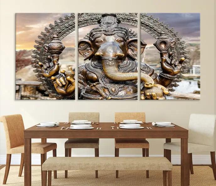 A Statue of Hindu Elephant God Ganesha Wall Art Canvas Print features a museum-quality canvas with a UV-protective coating and is ready to hang against a dark wall.