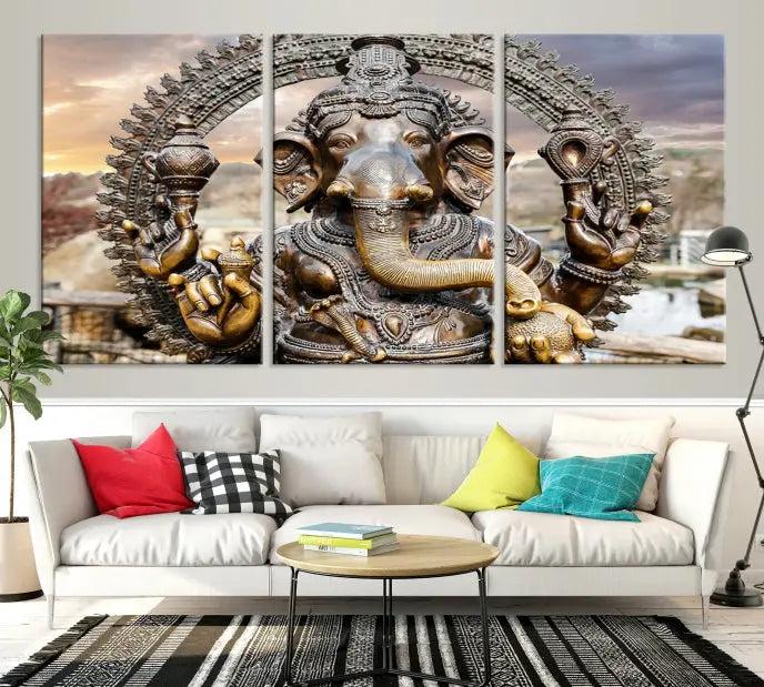 A Statue of Hindu Elephant God Ganesha Wall Art Canvas Print features a museum-quality canvas with a UV-protective coating and is ready to hang against a dark wall.