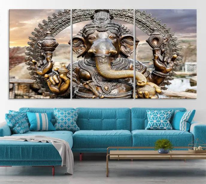 A Statue of Hindu Elephant God Ganesha Wall Art Canvas Print features a museum-quality canvas with a UV-protective coating and is ready to hang against a dark wall.