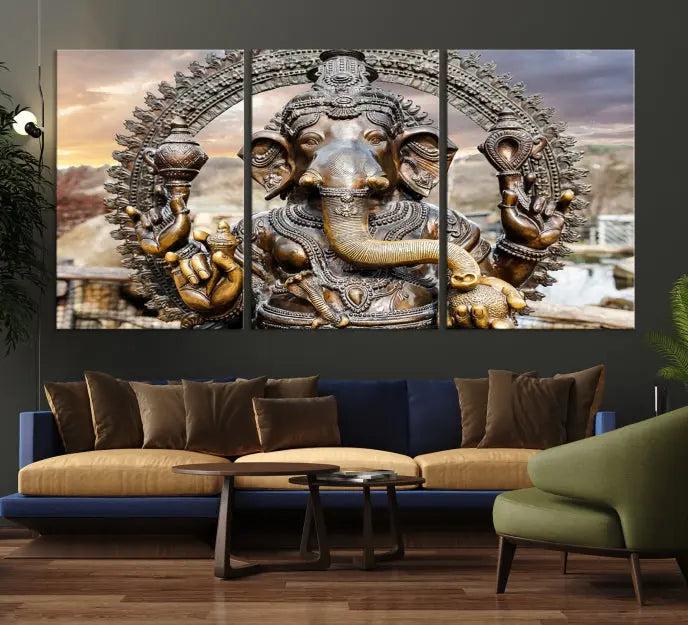 A Statue of Hindu Elephant God Ganesha Wall Art Canvas Print features a museum-quality canvas with a UV-protective coating and is ready to hang against a dark wall.