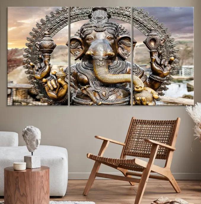 A Statue of Hindu Elephant God Ganesha Wall Art Canvas Print features a museum-quality canvas with a UV-protective coating and is ready to hang against a dark wall.