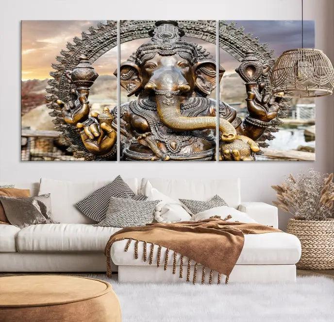 A Statue of Hindu Elephant God Ganesha Wall Art Canvas Print features a museum-quality canvas with a UV-protective coating and is ready to hang against a dark wall.