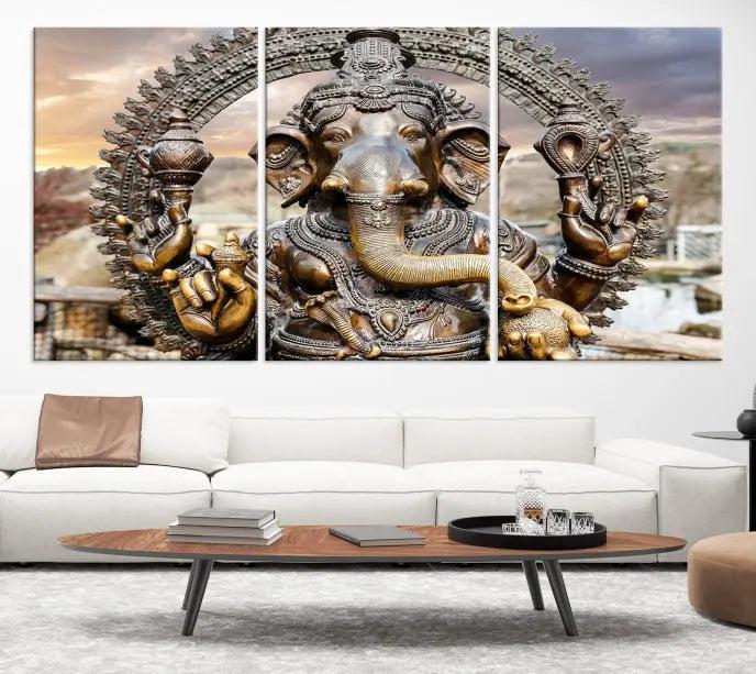 A Statue of Hindu Elephant God Ganesha Wall Art Canvas Print features a museum-quality canvas with a UV-protective coating and is ready to hang against a dark wall.