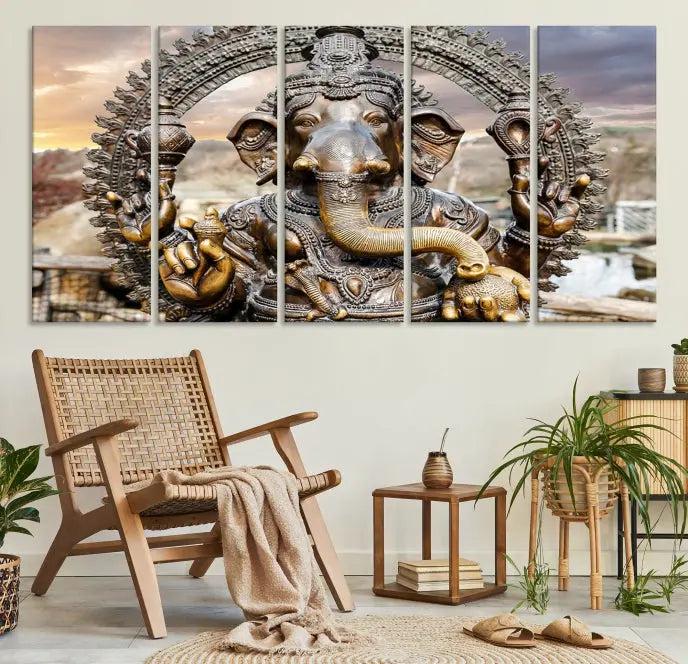 A Statue of Hindu Elephant God Ganesha Wall Art Canvas Print features a museum-quality canvas with a UV-protective coating and is ready to hang against a dark wall.