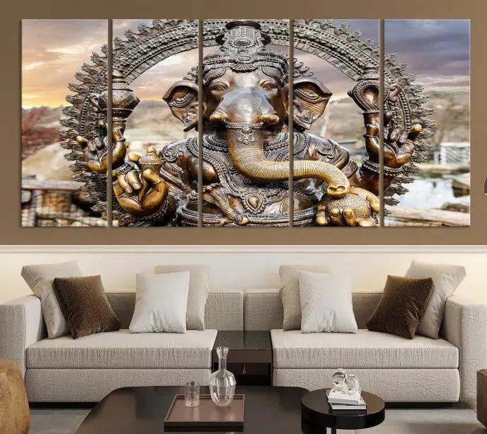 A Statue of Hindu Elephant God Ganesha Wall Art Canvas Print features a museum-quality canvas with a UV-protective coating and is ready to hang against a dark wall.