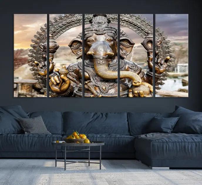 A Statue of Hindu Elephant God Ganesha Wall Art Canvas Print features a museum-quality canvas with a UV-protective coating and is ready to hang against a dark wall.