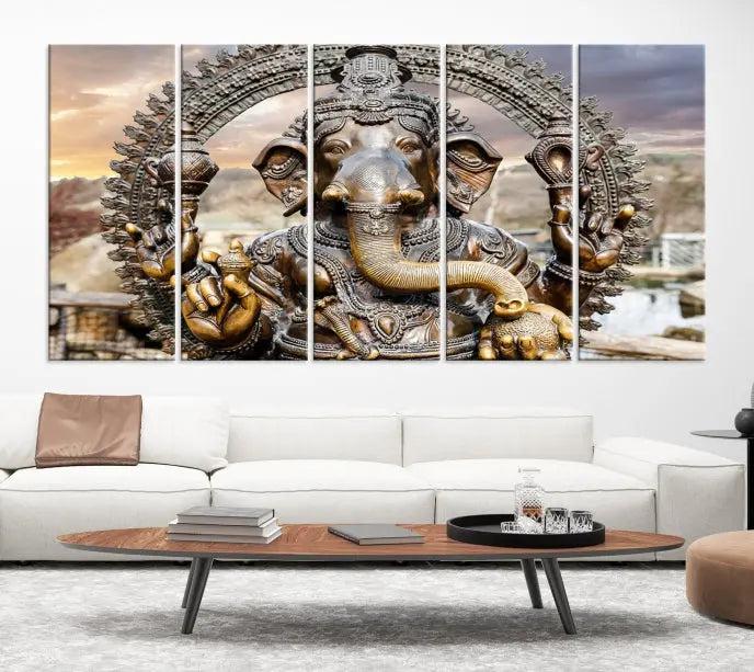 A Statue of Hindu Elephant God Ganesha Wall Art Canvas Print features a museum-quality canvas with a UV-protective coating and is ready to hang against a dark wall.