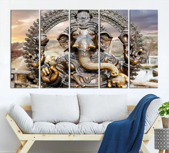 A Statue of Hindu Elephant God Ganesha Wall Art Canvas Print features a museum-quality canvas with a UV-protective coating and is ready to hang against a dark wall.