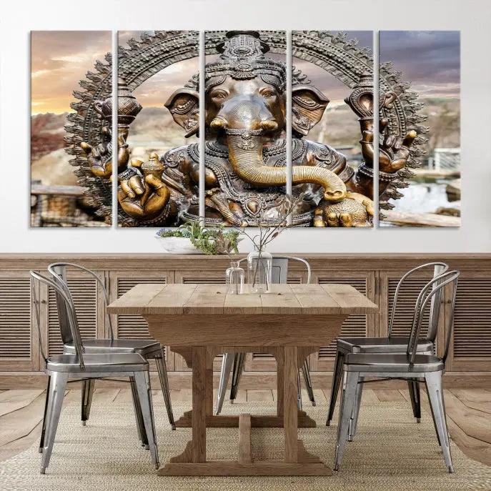 A Statue of Hindu Elephant God Ganesha Wall Art Canvas Print features a museum-quality canvas with a UV-protective coating and is ready to hang against a dark wall.