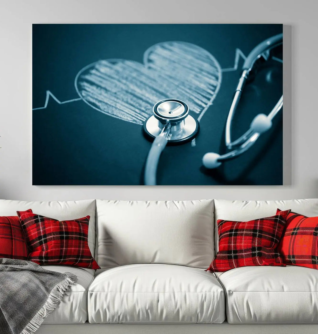 The stethoscope wall art, featuring a chalkboard heart drawing, captures the allure of museum-quality art in the "Stethoscope Wall Art Canvas Print Doctor Health Artwork Print Coastal Wall Art.