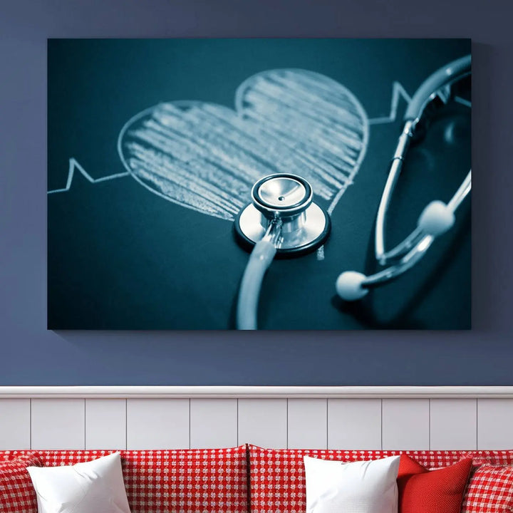 The stethoscope wall art, featuring a chalkboard heart drawing, captures the allure of museum-quality art in the "Stethoscope Wall Art Canvas Print Doctor Health Artwork Print Coastal Wall Art.