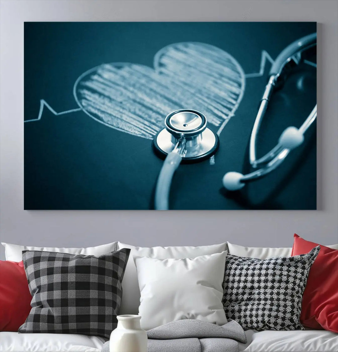 The stethoscope wall art, featuring a chalkboard heart drawing, captures the allure of museum-quality art in the "Stethoscope Wall Art Canvas Print Doctor Health Artwork Print Coastal Wall Art.