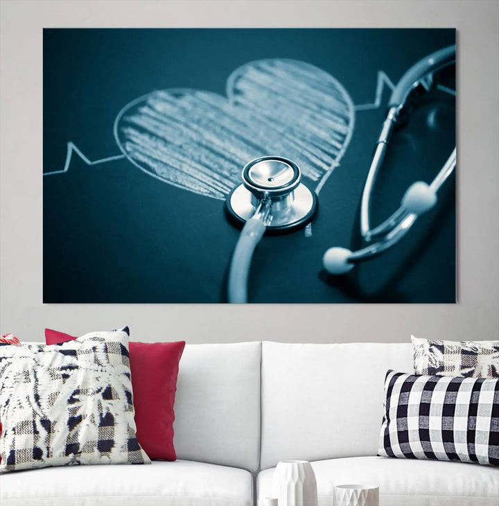 The stethoscope wall art, featuring a chalkboard heart drawing, captures the allure of museum-quality art in the "Stethoscope Wall Art Canvas Print Doctor Health Artwork Print Coastal Wall Art.