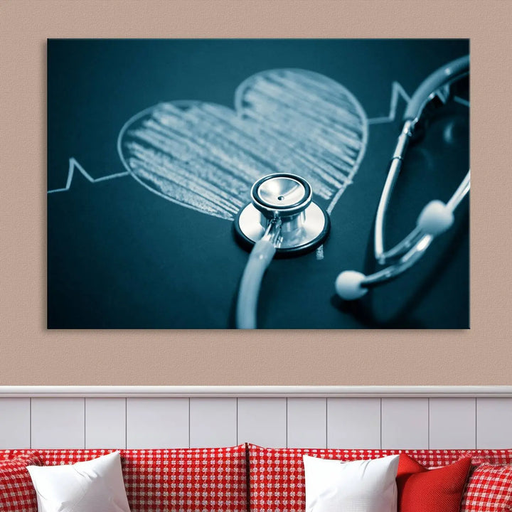 The stethoscope wall art, featuring a chalkboard heart drawing, captures the allure of museum-quality art in the "Stethoscope Wall Art Canvas Print Doctor Health Artwork Print Coastal Wall Art.