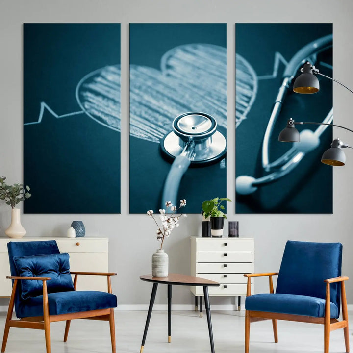 The stethoscope wall art, featuring a chalkboard heart drawing, captures the allure of museum-quality art in the "Stethoscope Wall Art Canvas Print Doctor Health Artwork Print Coastal Wall Art.