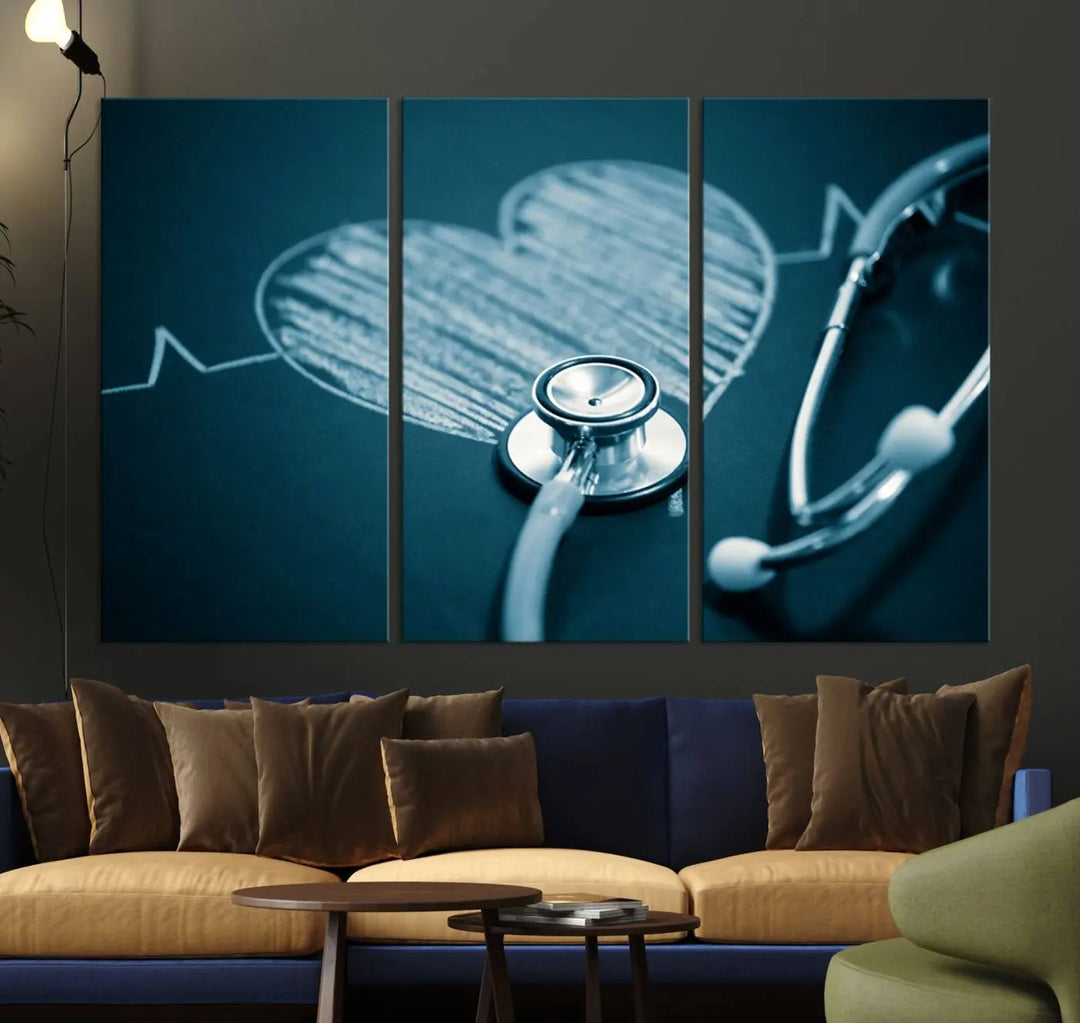 The stethoscope wall art, featuring a chalkboard heart drawing, captures the allure of museum-quality art in the "Stethoscope Wall Art Canvas Print Doctor Health Artwork Print Coastal Wall Art.