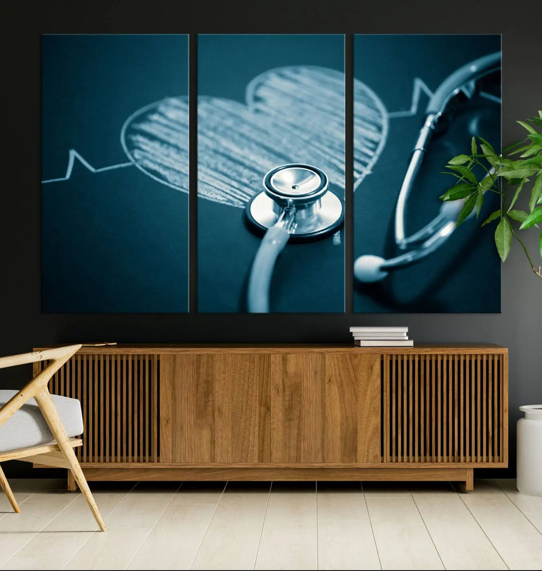 The stethoscope wall art, featuring a chalkboard heart drawing, captures the allure of museum-quality art in the "Stethoscope Wall Art Canvas Print Doctor Health Artwork Print Coastal Wall Art.