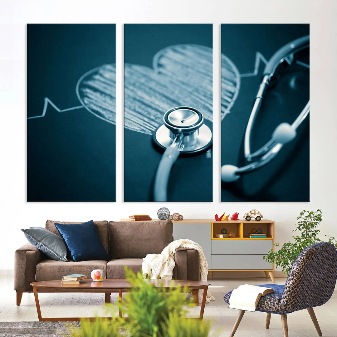 The stethoscope wall art, featuring a chalkboard heart drawing, captures the allure of museum-quality art in the "Stethoscope Wall Art Canvas Print Doctor Health Artwork Print Coastal Wall Art.