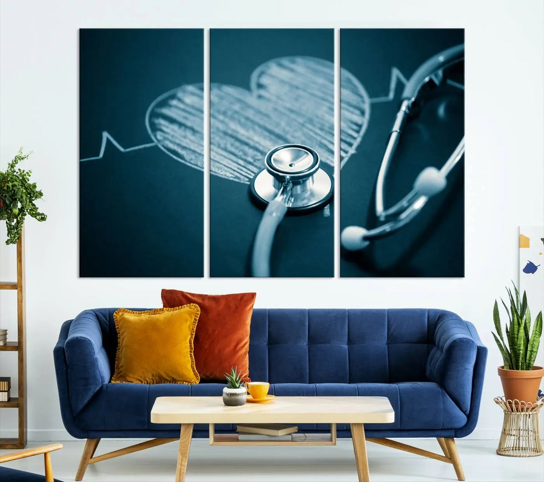 The stethoscope wall art, featuring a chalkboard heart drawing, captures the allure of museum-quality art in the "Stethoscope Wall Art Canvas Print Doctor Health Artwork Print Coastal Wall Art.