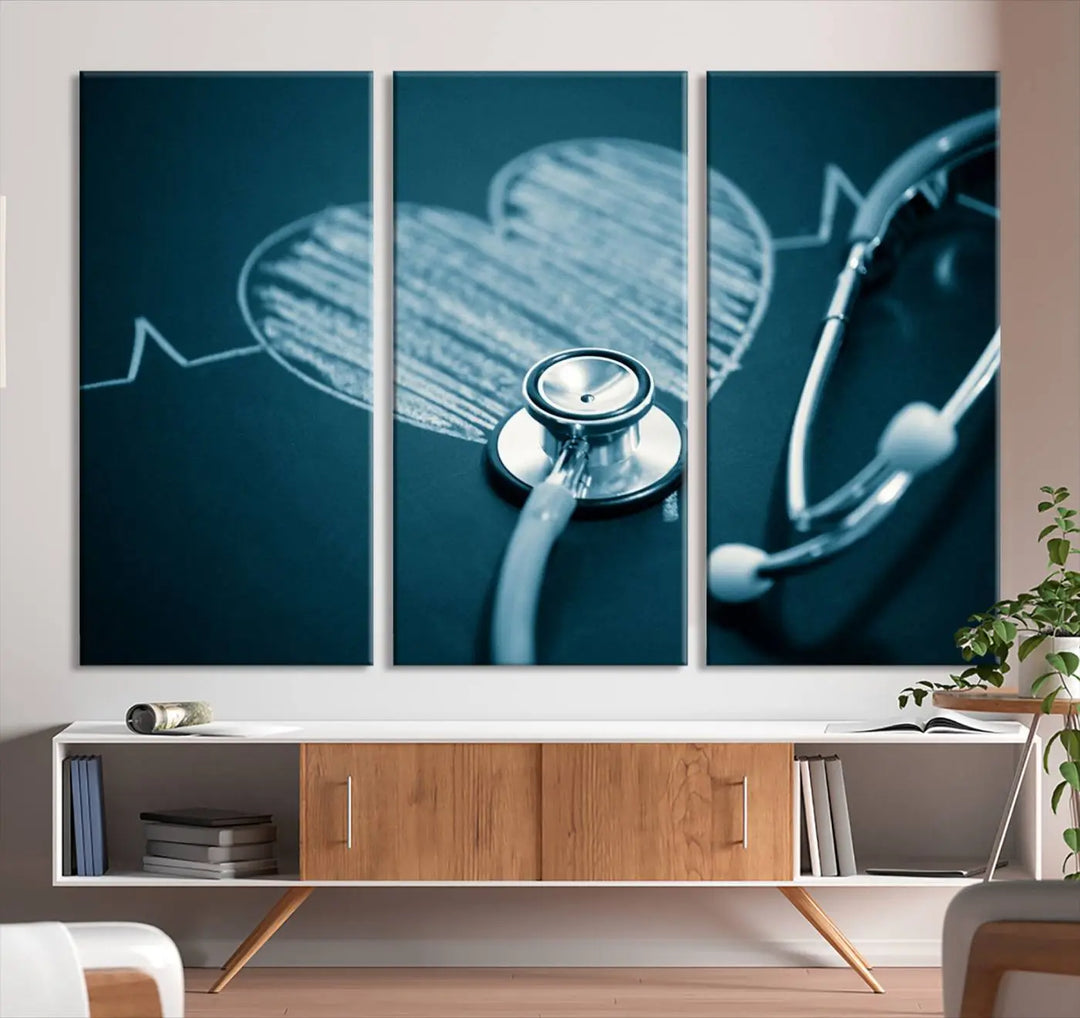 The stethoscope wall art, featuring a chalkboard heart drawing, captures the allure of museum-quality art in the "Stethoscope Wall Art Canvas Print Doctor Health Artwork Print Coastal Wall Art.