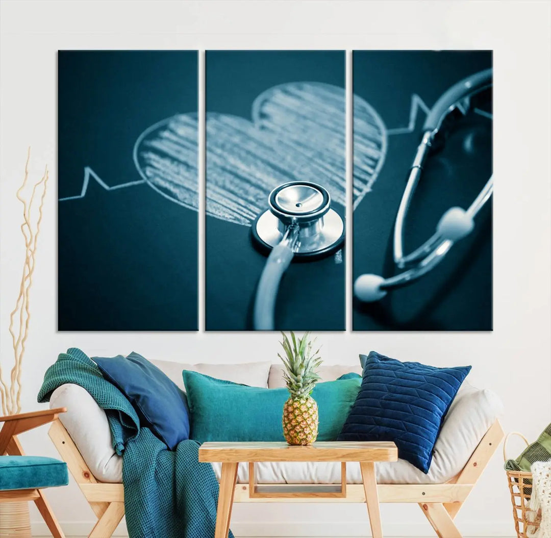 The stethoscope wall art, featuring a chalkboard heart drawing, captures the allure of museum-quality art in the "Stethoscope Wall Art Canvas Print Doctor Health Artwork Print Coastal Wall Art.