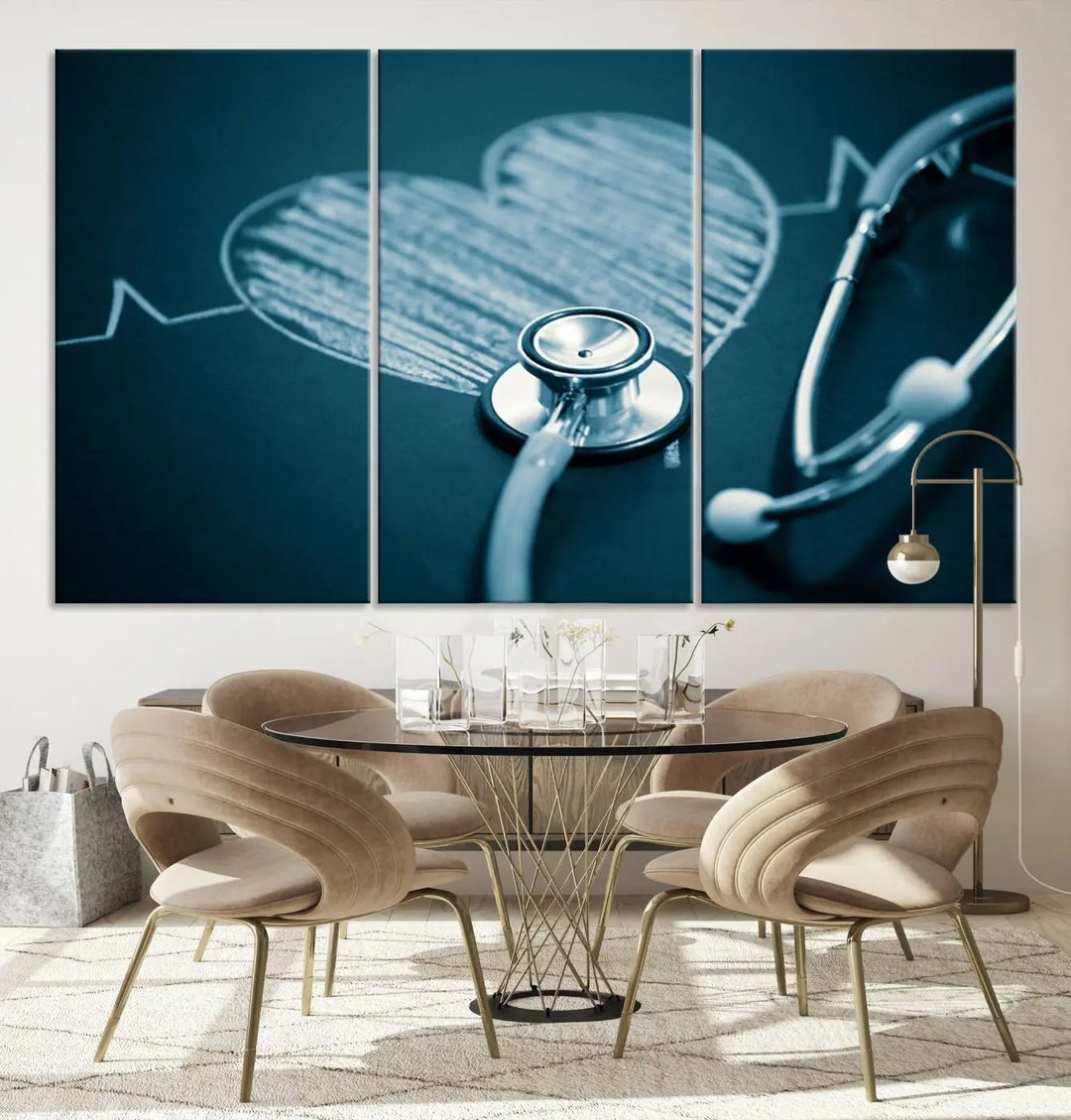 The stethoscope wall art, featuring a chalkboard heart drawing, captures the allure of museum-quality art in the "Stethoscope Wall Art Canvas Print Doctor Health Artwork Print Coastal Wall Art.