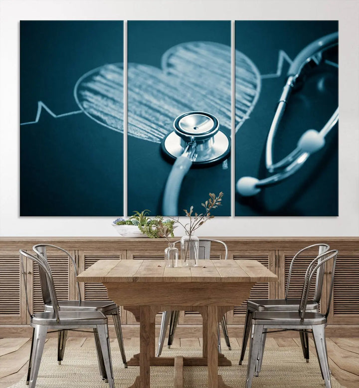 The stethoscope wall art, featuring a chalkboard heart drawing, captures the allure of museum-quality art in the "Stethoscope Wall Art Canvas Print Doctor Health Artwork Print Coastal Wall Art.