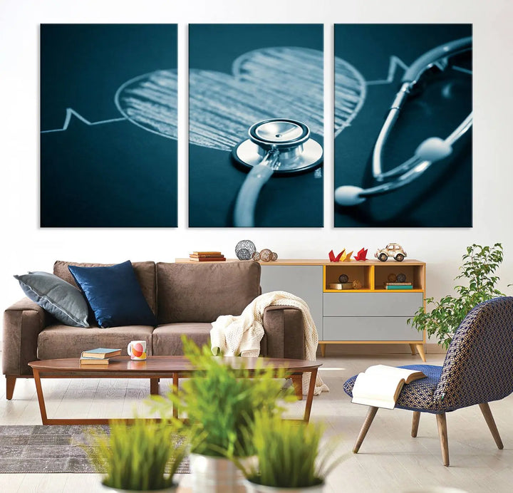 The stethoscope wall art, featuring a chalkboard heart drawing, captures the allure of museum-quality art in the "Stethoscope Wall Art Canvas Print Doctor Health Artwork Print Coastal Wall Art.