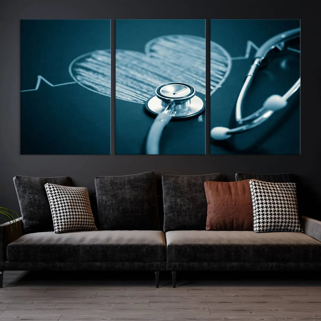 The stethoscope wall art, featuring a chalkboard heart drawing, captures the allure of museum-quality art in the "Stethoscope Wall Art Canvas Print Doctor Health Artwork Print Coastal Wall Art.