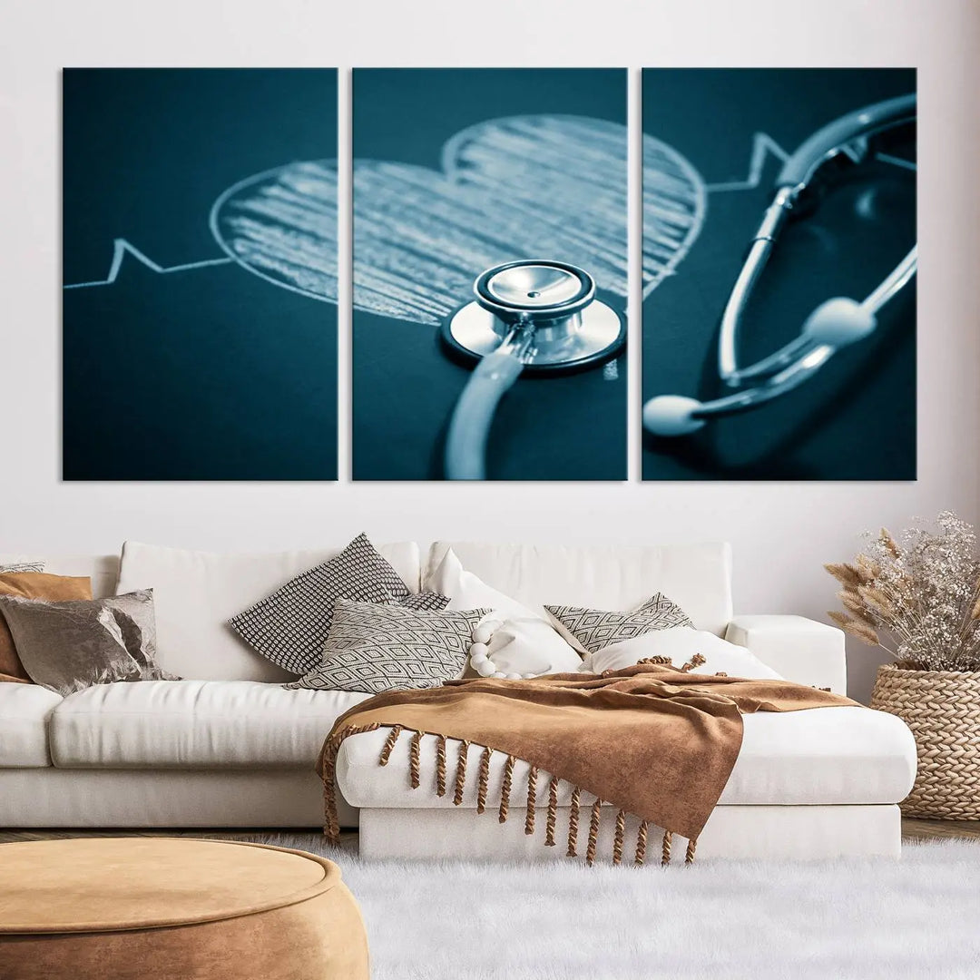 The stethoscope wall art, featuring a chalkboard heart drawing, captures the allure of museum-quality art in the "Stethoscope Wall Art Canvas Print Doctor Health Artwork Print Coastal Wall Art.