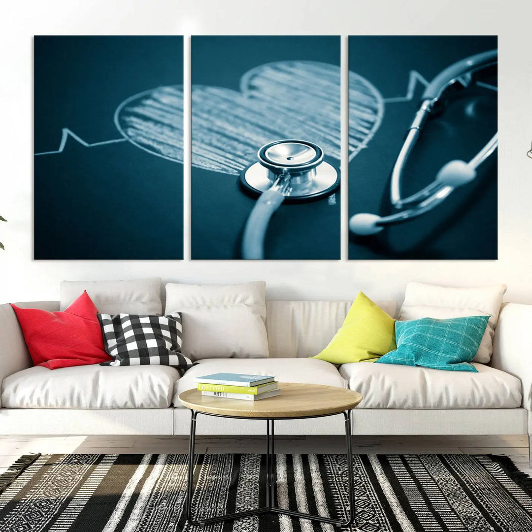 The stethoscope wall art, featuring a chalkboard heart drawing, captures the allure of museum-quality art in the "Stethoscope Wall Art Canvas Print Doctor Health Artwork Print Coastal Wall Art.