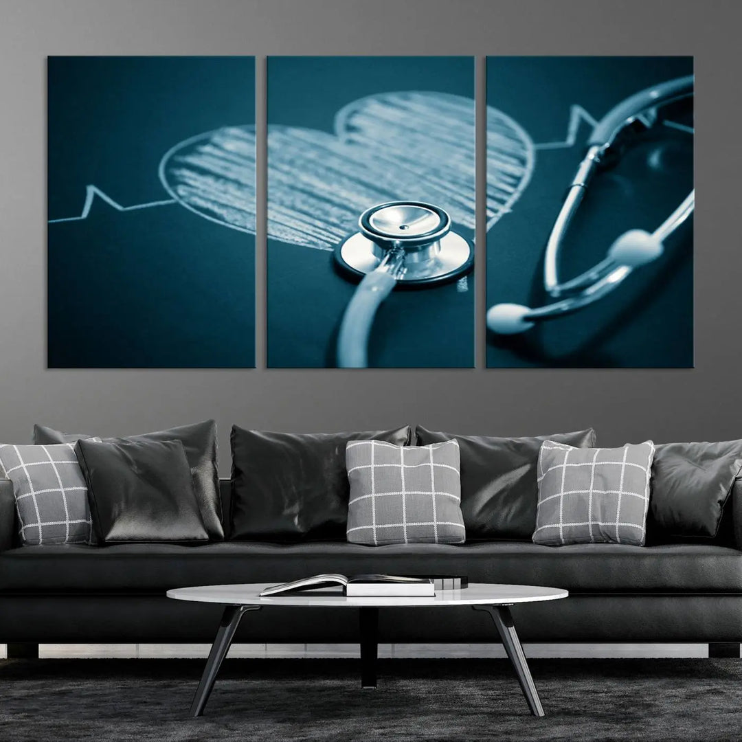 The stethoscope wall art, featuring a chalkboard heart drawing, captures the allure of museum-quality art in the "Stethoscope Wall Art Canvas Print Doctor Health Artwork Print Coastal Wall Art.