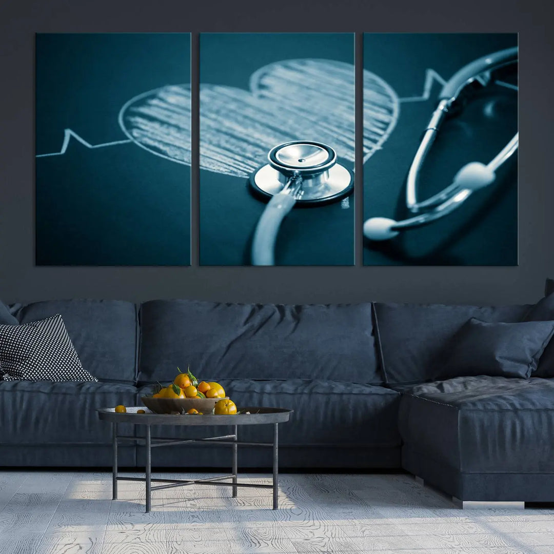 The stethoscope wall art, featuring a chalkboard heart drawing, captures the allure of museum-quality art in the "Stethoscope Wall Art Canvas Print Doctor Health Artwork Print Coastal Wall Art.